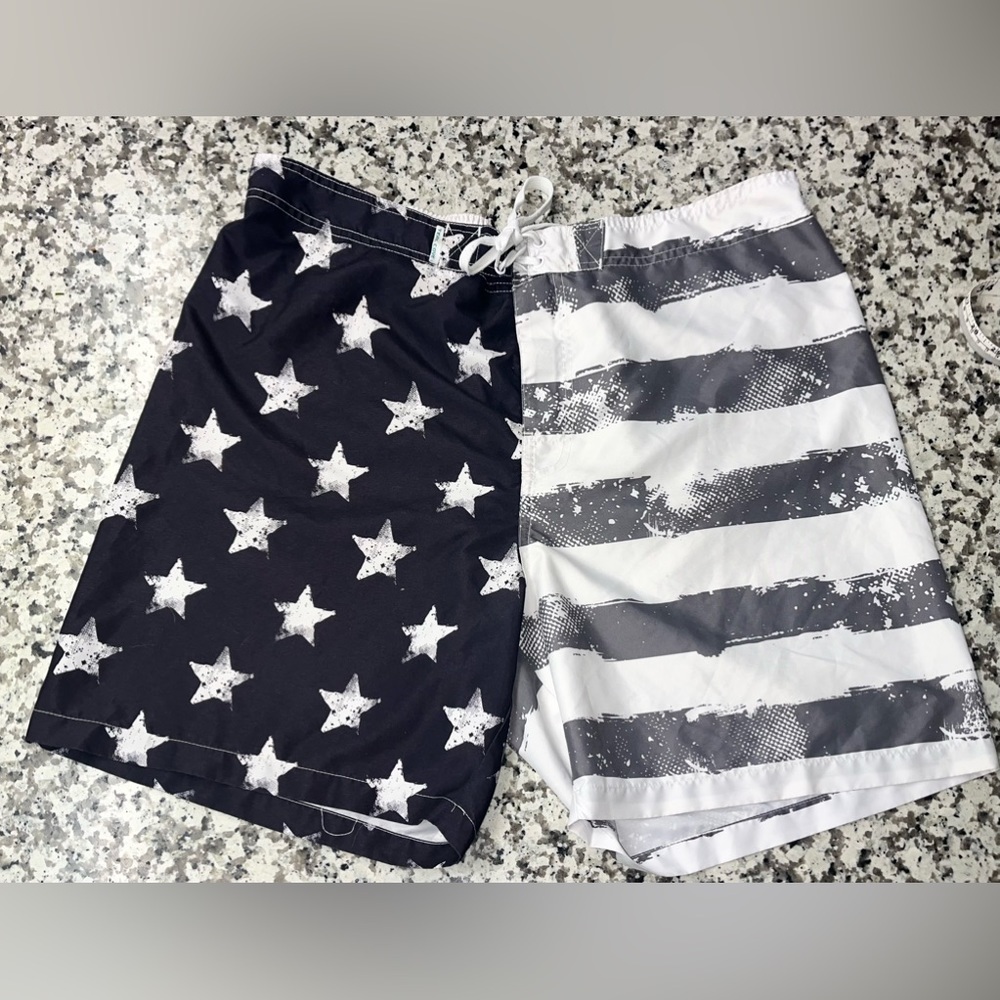 Men's size XXL American Flag Swim Trunks, Board Shorts w/Back pocket TEAL COVE